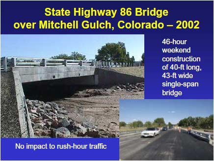 Mitchell Gulch Bridge after construction. The new single-span bridge crosses over a small ravine. The precast concrete superstructure units are supported on precast concrete abutments with wingwalls extending at an angle from each abutment edge.