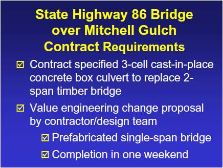State Highways 86 Bridge over Mitchell Gulch Contract Requirements. 1. Contract specified 3-cell cast-in-place concrete box culvert to replace 2-span timber bridge. 2. Value engineering change proposal by contractor/design team.