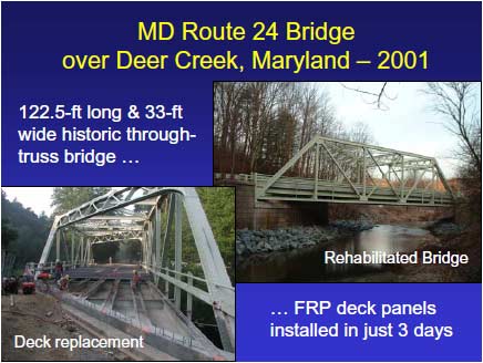 Maryland Route 24 Bridge during deck replacement.  The fiber-reinforced polymer deck panels have been placed on one end of the skewed through-truss bridge. Construction workers are preparing the stringers prior to erecting another panel.