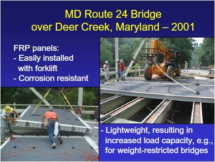 PMaryland Route 24 Bridge during deck replacement. Three construction workers adjust the position of a deck panel prior to final setting of the panel. Other panels are shown in final position.