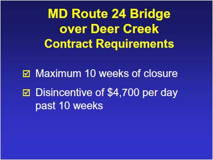 The low traffic volume of 3,700 ADT (in 2000) allowed the bridge to be closed during a 10-week period in the summer when school was out. Traffic was diverted to a 21-mile detour during this time.