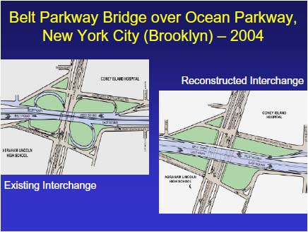 Belt Parkway Bridge over Ocean Parkway in Brooklyn, New York. A plan view shows the existing outdated cloverleaf interchange. Belt Parkway is running horizontally on the drawing. Belt Parkway Bridge over Ocean Parkway in Brooklyn, New York. A plan view shows the new modified tight diamond interchange. Belt Parkway is running horizontally on the drawing.