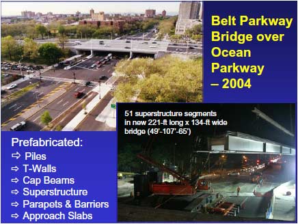 Belt Parkway Bridge under construction. Cars are crossing the completed Beltway Parkway Bridge and also underneath the bridge on Ocean Parkway. Shoulders and ramp entrance and exit acceleration/deceleration lanes were added to the existing width of six traffic lanes.