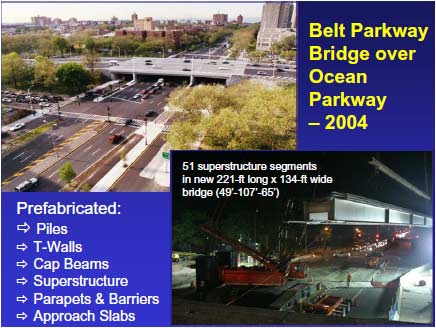 Belt Parkway Bridge under construction. Cars are crossing the completed Beltway Parkway Bridge and also underneath the bridge on Ocean Parkway. Shoulders and ramp entrance and exit acceleration/deceleration lanes were added to the existing width of six traffic lanes.