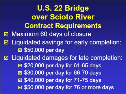 The Ohio DOT awarded this design-build project based on responses to a bid package that included a Scope of Services and a set of the existing bridge plans from 45 year ago. The Scope of Services required that the bridge be closed a maximum of 60 days.