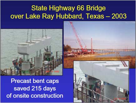 State Highway 66 Bridge during construction. A precast concrete bent cap is being erected onto cast-in-place concrete columns. Construction workers are threading the reinforcing bars extending from the tops of the three columns into corresponding ducts in the crane-held cap.