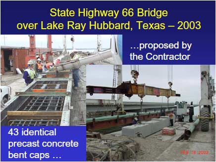 State Highway 66 Bridge bent cap fabrication. Concrete is poured over the reinforcement cage in the bent cap steel forms at the contractor's fabrication yard near the bridge site.