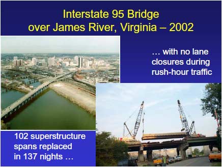 Interstate 95 Bridge over James River. The two adjacent multi-span bridges each carry one direction of traffic over the James River to and from the City of Richmond, Virginia.