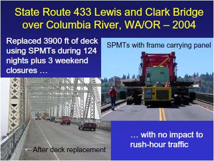 State Route 433 Lewis and Clark Bridge after deck replacement. Cars and trucks travel across the through-truss bridge on the recently replaced deck.