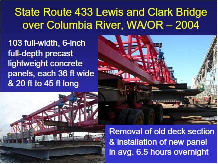 Lewis and Clark Bridge during deck replacement. A full-depth, full-width deck segment with supporting beams is attached to the steel truss frame in preparation for transport by SPMTs.
