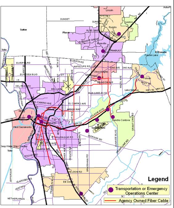 Map of the Sacramento region shows the transportation or emergency operations centers and the agency owned fiber cables.