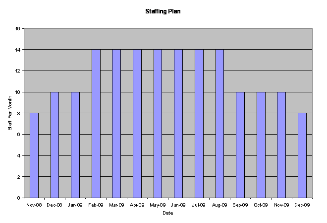 The Staffing Plan shows a bar graph with the dates from Nov 2008 to December 2009 on the horizontal axis and the number of staff required per month on the vertical axis.