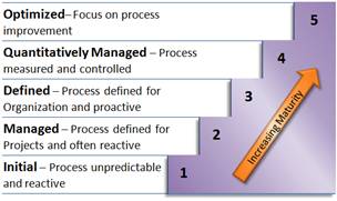 Maturity levels are Initial, Managed, Defined, Quantitatively Managed, and Optimized.