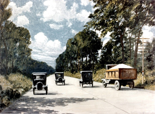 Painting looking down the Lincoln Highway showing oncoming traffic. The highway is surrounded by trees.
