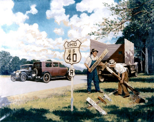 Painting showing two men changing out the signs on U.S. 40.
