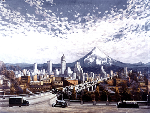 Painting of a highway going into a city with a mountain in the distance.
