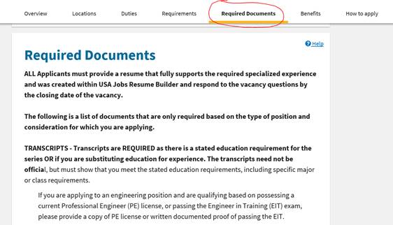 Screenshot from the USA JOBS website showing the required documents section