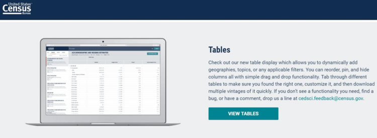 The website explains Tables: "Check out our new table display which allows you to dynamically add geographies, topics, or any applicable filters.