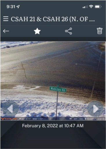 Screenshot of a snow covered roadway from the solar powered cameras in St. Louis County Minnesota.