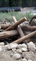 A log jam resulting from changes to the flow of Kings River.