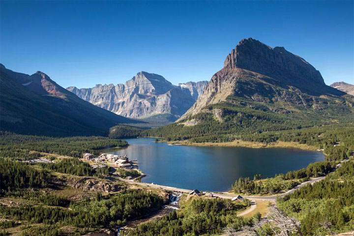 Bird's eye view of Swiftcurrent Bridge on Glacier Lake in Glacier Nation Park.