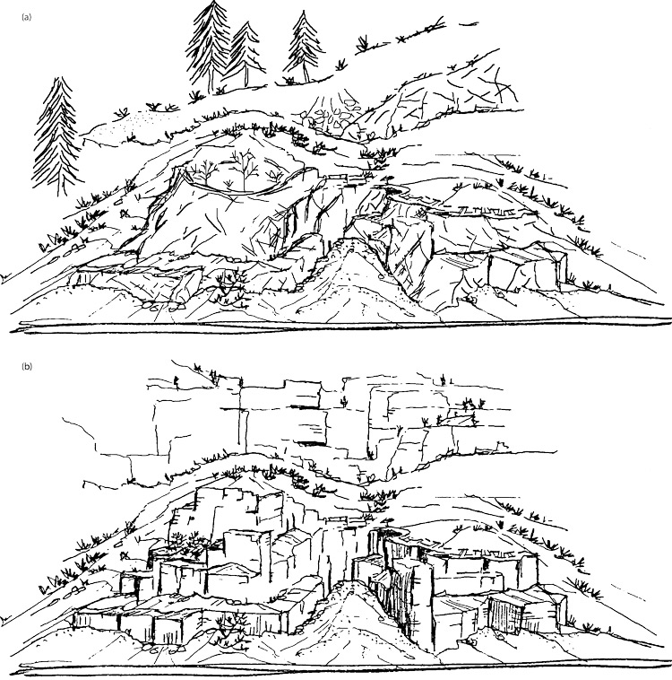 Illustration. Perspective view of the desired slope configuration and key design elements for different geographic settings. (a) Alpine environment with slope rounding and talus deposits (b) Arid/desert environment with blocky slope transitions and sparse vegetation.