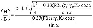 Figure 16. Equation. Height-to-base-width (H/B) as a function of factor of safety, rockery inclination, backslope inclination, and soil and rock properties, from Gray & Sotir.