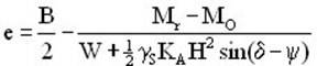 Figure 43. Equation. Determination of eccentricity, e, about the center of a base rock of width B.