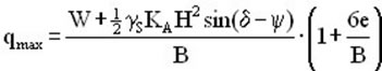 Figure 44. Equation. Determination of maximum bearing pressure (qmax) applied at the toe of the base rock.