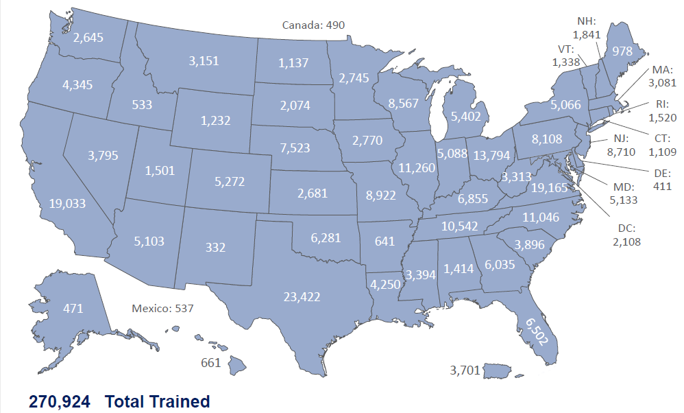 Map of total responders trained by state, total of 270,924