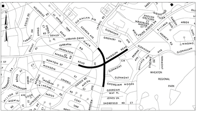 Map of the intersection of MD 97 at Randolph Road and the roads surrounding, with the proposed construction area highlighted.