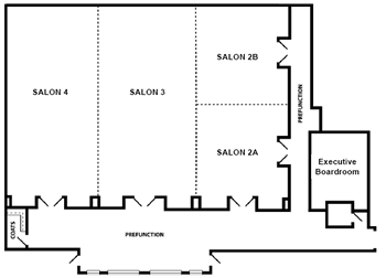 Hotel conference room floorplan showing 4 salon rooms, an executive boardroom and hallways