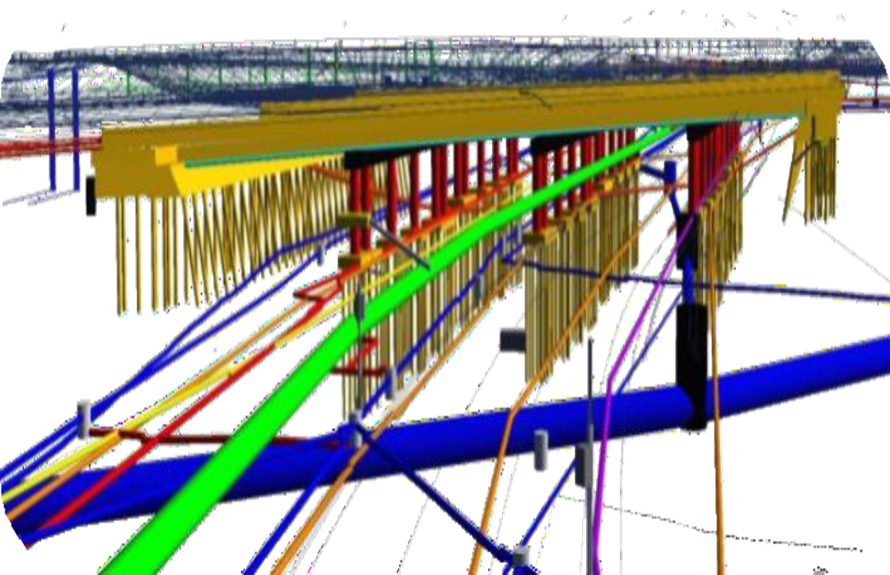 Highly detailed 3D model of a higway to highway interchange in Milwaukee Wisconsin with a focus on highlighting utilities and other subsurface construction elements.