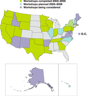 The image consists of a color-coded map of the 50 states that details which states hosted workshops from 2002 to 2005, which states have workshops planned in 2005 and 2006, and which states are considering hosting a workshop. States that Conducted ACTT Workshops 2002-2005< Indiana; Pennsylvania; New Jersey; Texas; California; Louisiana; Montana; Washington State; Tennessee; Oklahoma; Minnesota; Wyoming; New Jersey; Georgia; Rhode Island; Utah; Iowa; Nevada; Oregon; New York State Thruway; Iowa; Wisconsin. States Planning ACTT Workshops 2005-2006 Illinois/Iowa-Quad Cities; Hawaii; New Hampshire; New York; Ohio; North Carolina. States Considering Hosting an ACTT Workshop New Mexico; Arkansas; Maryland; Idaho; Massachusetts; Maine; Delaware; Arizona; Alaska; Virginia; District of Columbia.