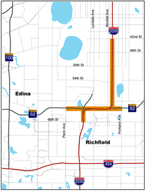 Project Area. The delineated area includes Highway 62, extending from Penn Avenue to Portland Avenue; and Interstate 35W, extending from 42nd Street to 66th Street, including that part of the Interstate that ajoins Highway 62.
