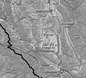 map showing US 93 running north to south from Polson to Evaro, south of Flathead Lake.