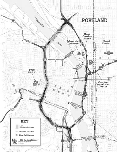 Downtown Portland map highlighting the I-405 (Stadium Freeway) and I-5 loop as it crosses the Williamette River. The 4-1-mile project area encompasses I-405 from Front Avenue north to the I-405/ US30 interchange. The map also notes the location of major attractions such as Memorial Coliseum, Rose Garden Arena, Lloyd Center, PGE Park and the Oregon Convention Center.