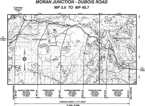 Map of Moran Junction-Dubois project corridor, indicating the section of US-287/26 between Teton and Fremont counties and traversing the public lands of the Bridger-Teton National Forest, Shoshone National Forest, and Grand Teton National Park, in northwest Wyoming.