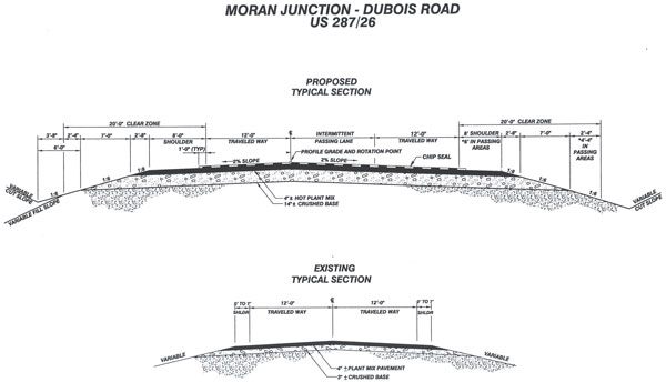 Illustration of a proposed typical section of Moran Junction - DuBois Road US 287-26, as well as an existing section.