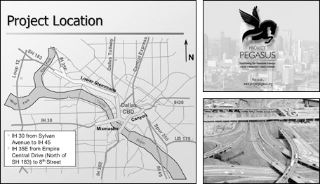 Figure 14. Photos and Map. A montage of images showing the Project Pegasus logo against the Dallas, TX, skyline; an aerial photo of a downtown highway network in Dallas; and a map of the IH 30 corridor in downtown Dallas.