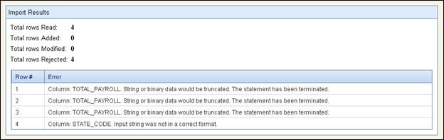 screen shot example showing import results and errors