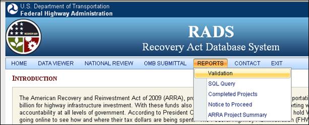 screen s hot of RADS Recovery Act Database System