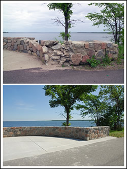 This photo depicts a deteriorated historic stone wall overlook area along Paul Bunyan Drive in Bemidji and a successful restoration of the stone wall overlook area along Paul Bunyan Drive in Bemidji.