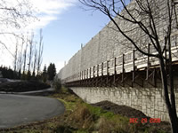 Photo of the community side of noise wall with a stone pattern finish.
