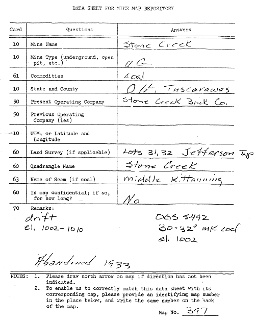 Figure 3.2 Sample Copy of a completed ODNR, DGS Mine Map Data Sheet