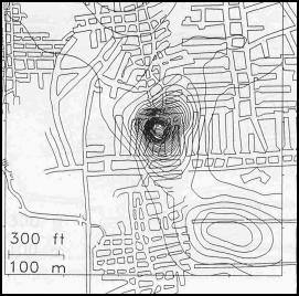 Contour map of subsidence trough.  See text. [O'Connor et al., 1996].