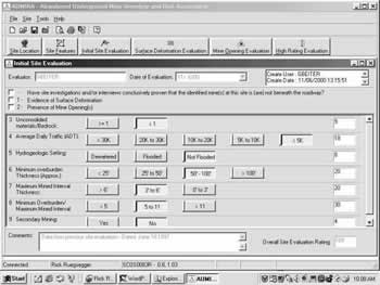 AUMRA Software Screen shot: Initial Site Evaluation