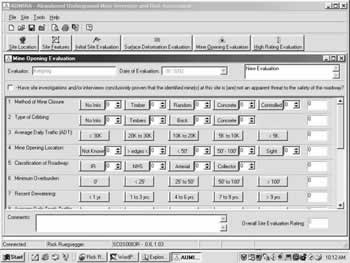 AUMRA Software Screen shot: Mine Opening Evaluation top