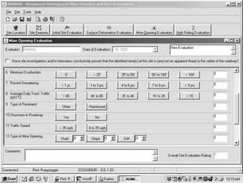 AUMRA Software Screen shot: Mine Opening Evaluation middle