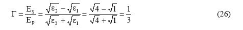 Gamma equals E sub s divided by E sub p which equals the square roots of epsilon sub 2 minus the square root of epsilon sub 1 over the square roots of epsilon sub 2 plus the square root of epsilon sub 1 which equals the square root of 4 minus the square root of 1 over the square root of 4 plus the square root of 1 which equals 1/3